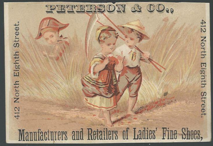 Advertisement - Victorian Trade Card for Peterson & Co. , Shoes with Farmer Couple
