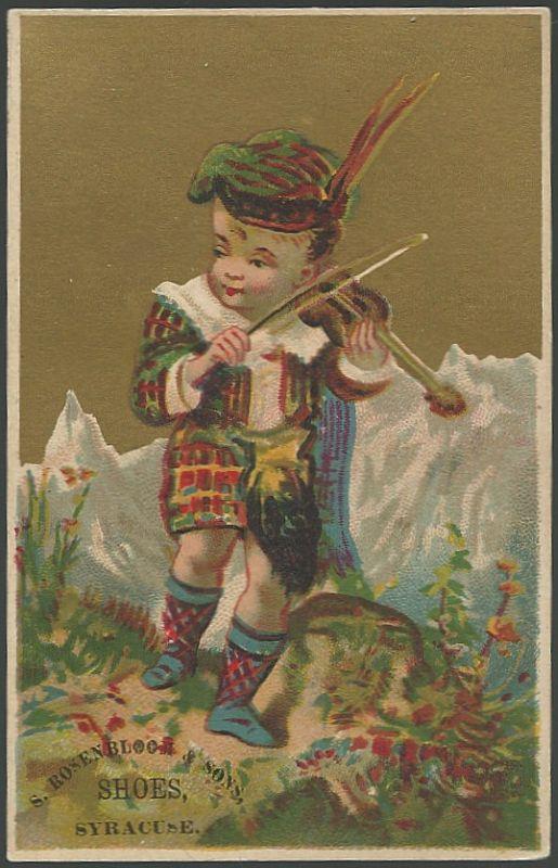 Advertisement - Victorian Trade Card for S. Rosenbloom and Sons Shoes with Scottish Boy Playing Fiddle