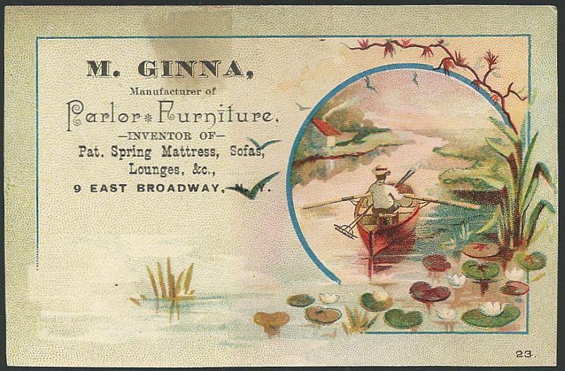 Advertisement - Victorian Trade Card for M. Ginna Parlor Furniture with Man in Rowboat