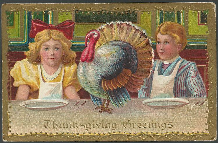 Postcard - Thanksgiving Greetings Postcard with Boy and Girl with Turkey