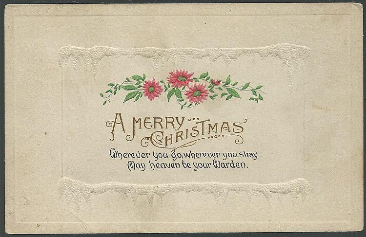 Postcard - Merry Christmas Postcard with Pink Flowers and Icicles
