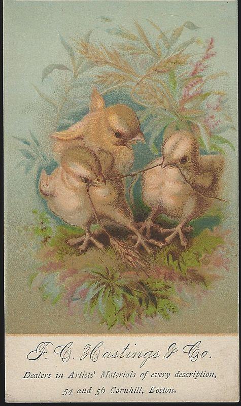 Advertisement - Victorian Trade Card for F.C. Hastings & Co. With Chicks Fighting over Worm