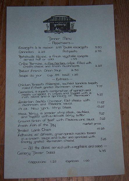 Image for MENU FROM THE GALLERY RESTAURANT, LAKE FOREST, ILLINOIS