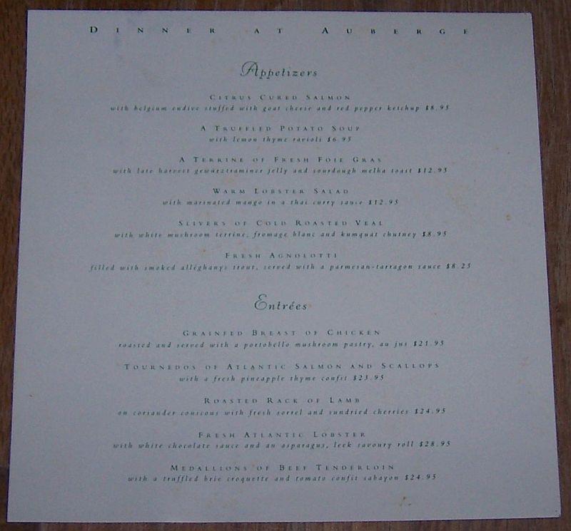 Image for VINTAGE DINNER MENU FROM AUBERGE RESTAURANT, ZIONSVILLE, INDIANA