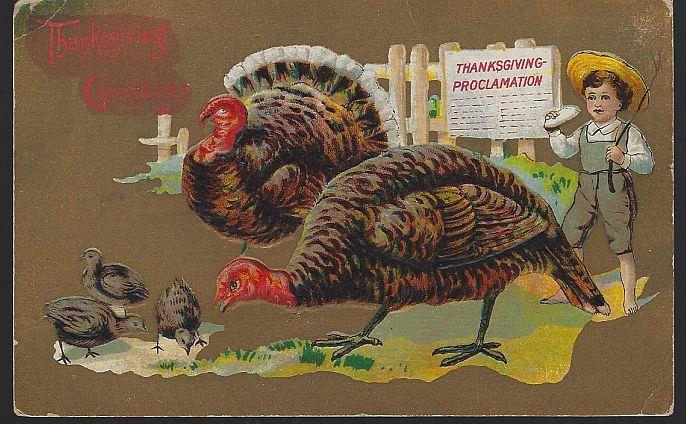 Postcard - Thanksgiving Greetings Postcard with Boy and Turkeys