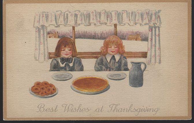 Postcard - Best Wishes Thanksgiving Postcard with Boy and Girl with Pie