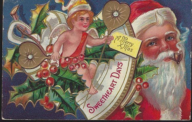 Postcard - Merry Christmas Sweetheart Days Postcard with Santa Claus and Cherub