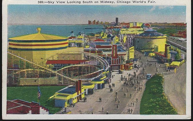 Postcard - Sky View Looking South on Midway, a Century of Progress, International Exposition 1933, Chicago, Illinois