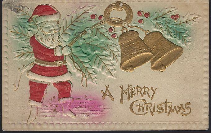 Postcard - Embossed Merry Chritsmas Postcard with Santa Claus and Bells