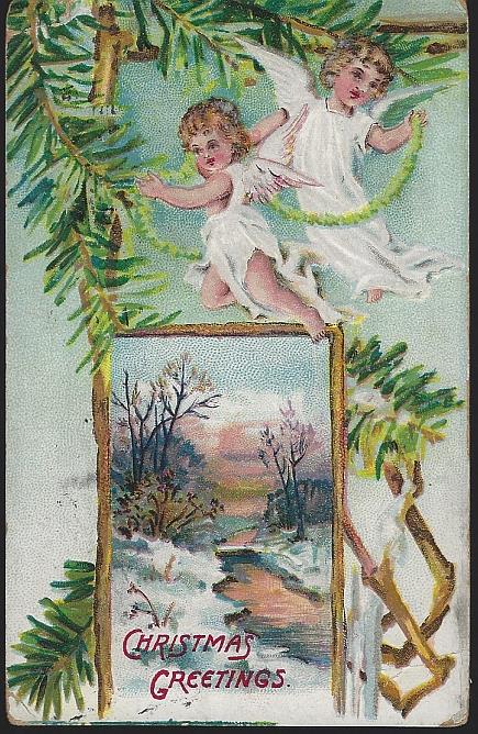 Postcard - Christmas Greetings Postcard with Angels and Snowy Landscape