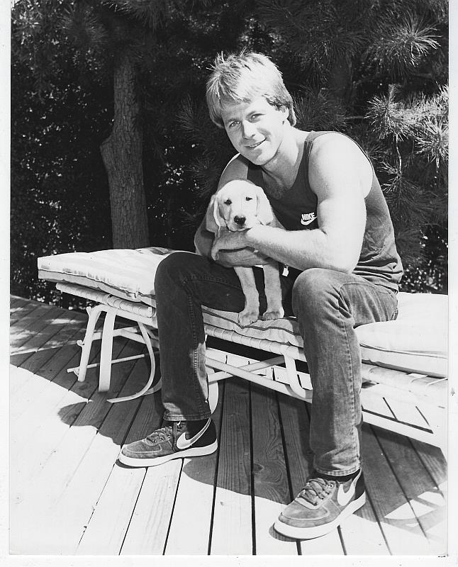 Photograph - Original Photograph Kin Shriner with His Dog Cinimum at Home in Malibu, Rituals, September 1984