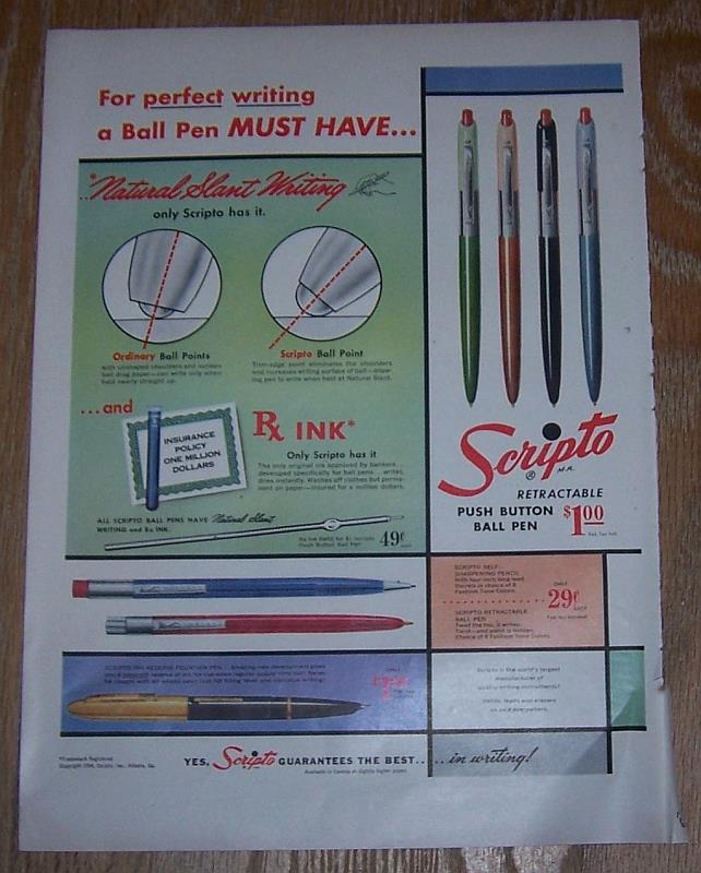 Advertisement - 1954 Scripto Pen Magazine Color Advertisement
