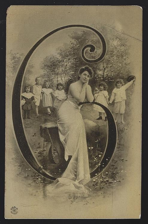 Postcard - Postcard of Lovely Lady Resting on Initial C Surrounded By Children