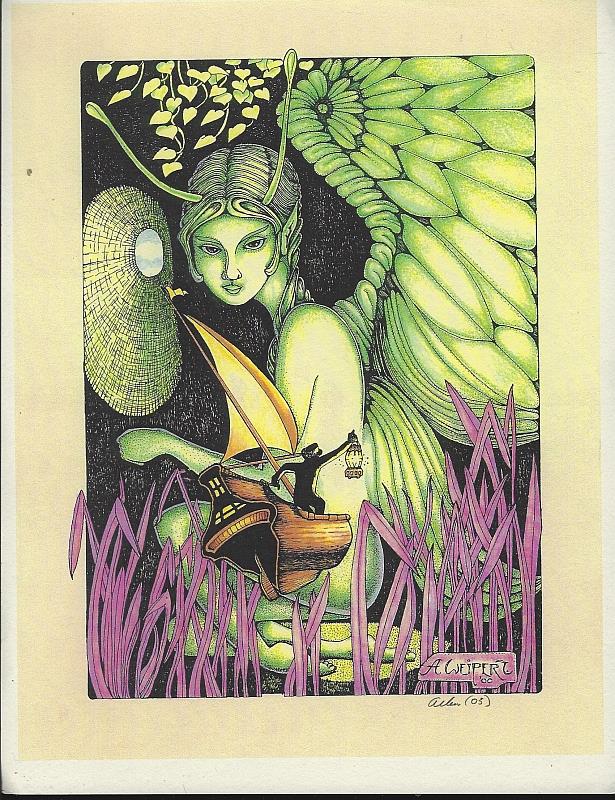 Image for SIGNED ALLEN WEIPERT FANTASY PRINT WITH MOTH LADY WITH SAILOR HOLDING LANTERN