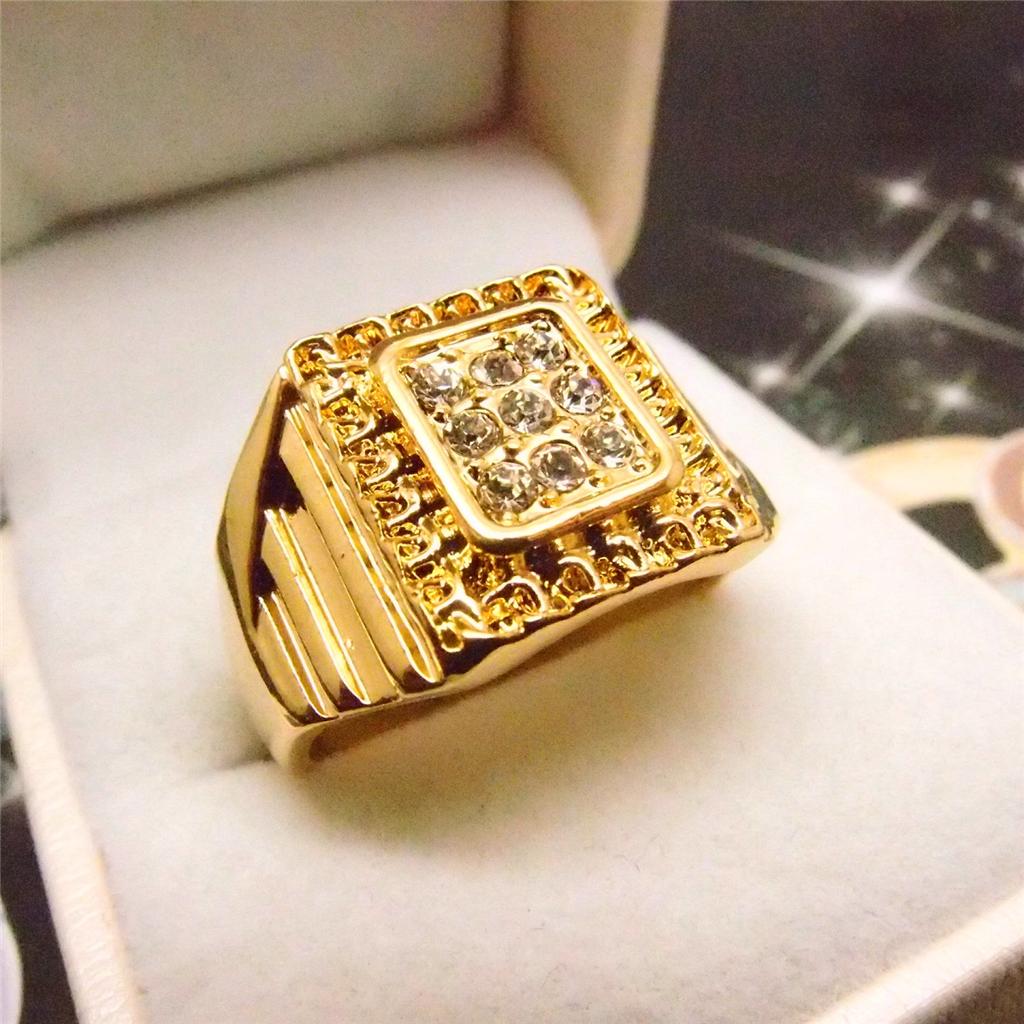 Men Jewelry Hip Hop 14k Yellow Gold Filled Glint Crystal Men's Ring R45 ...