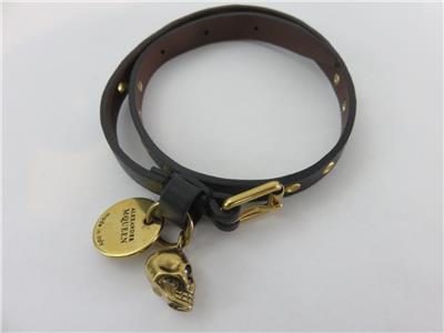 Alexander McQueen Skull Wrap Bracelet Black Leather w/Brass