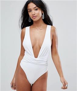 Nwot Asos Design White Plunge Ruched One Piece Swimsuit Sz 2 Ebay