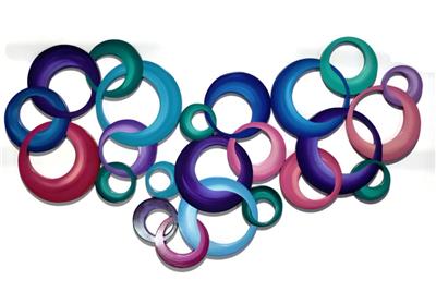 Modern Pink And Blue Large Circle Wood Wall Sculpture Abstract