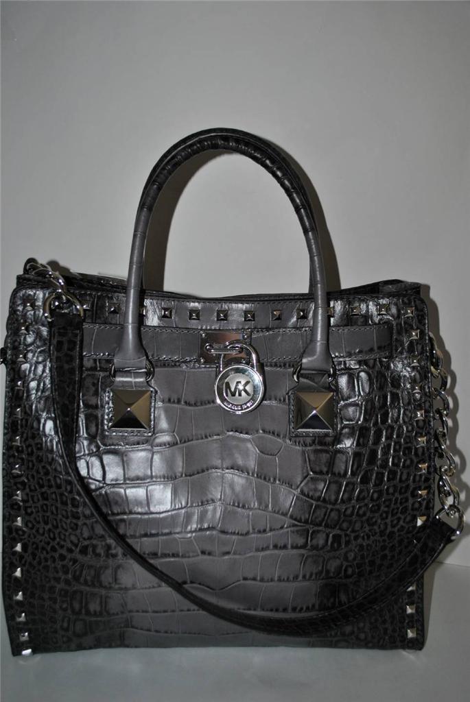 $448 MICHAEL KORS Grey Large NS Studded Croco HAMILTON Leather Tote Bag ...