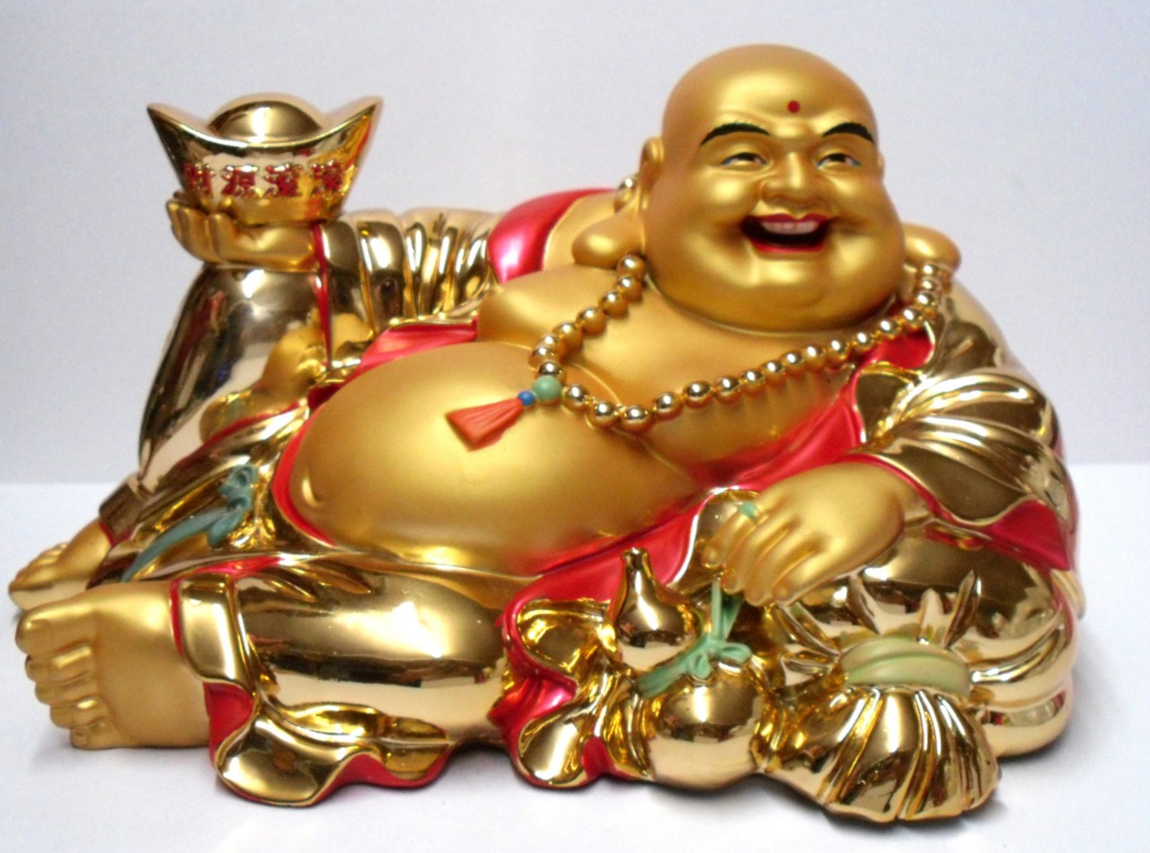 Large Golden Money Bag Happy Lucky Buddha Figure | eBay