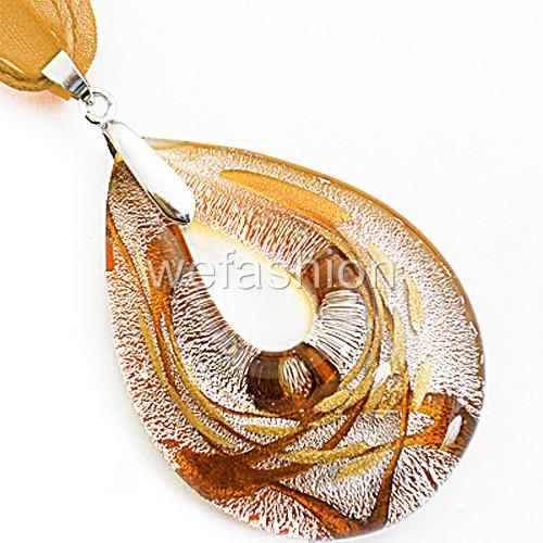 Silver Brown Teardrop Handmade Lampwork Murano Glass Bead Pendant Necklace Cord