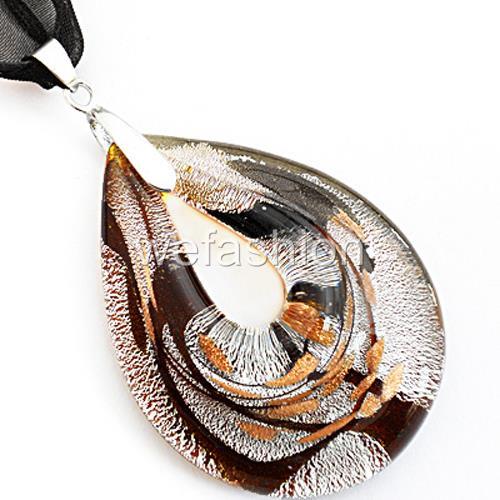 Silver Brown Teardrop Handmade Lampwork Murano Glass Bead Pendant Necklace Cord