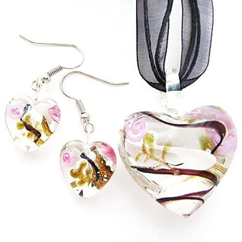 Black White Rose Heart Lampwork Glass Bead Pendant Ribbon Necklace
