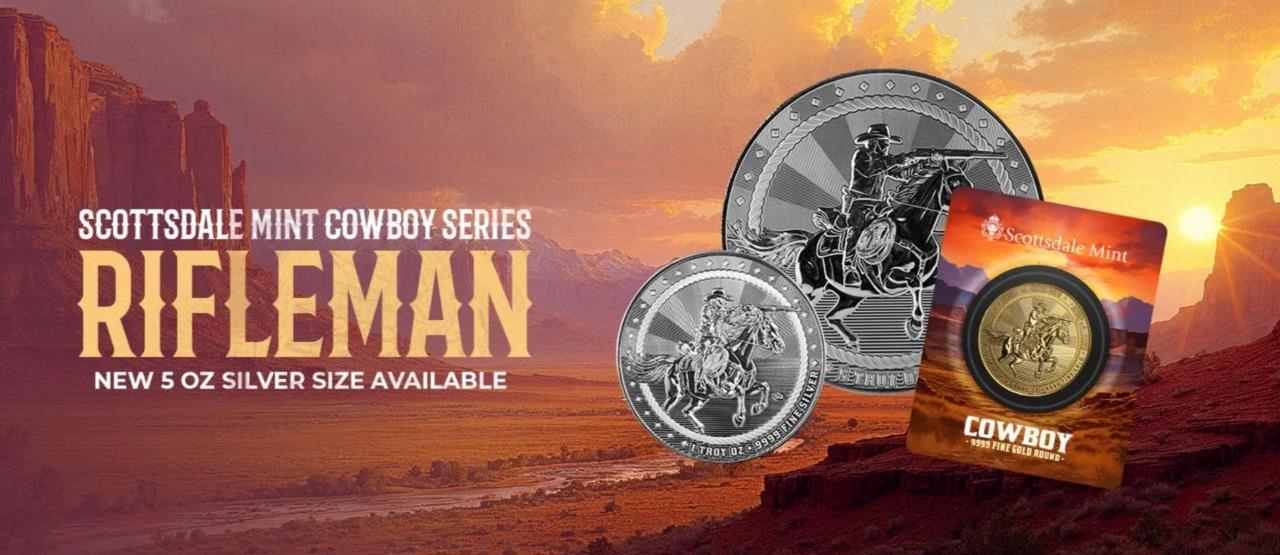 5 oz Silver Cowboy Rifleman Round w/ Buffalo Privy .9999 Silver