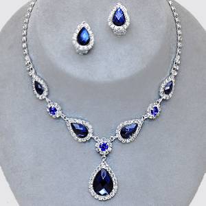 Elegant Sapphire Blue Crystal Necklace Clip on Earrings Bridal Formal ...