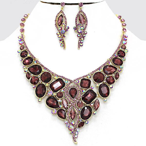 Silver Crystal Bridal Purple Clear Evening Pageant Necklace Jewelry Set ...