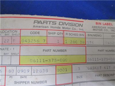 NOS Honda # 06111-375-000 Gasket Kit 
