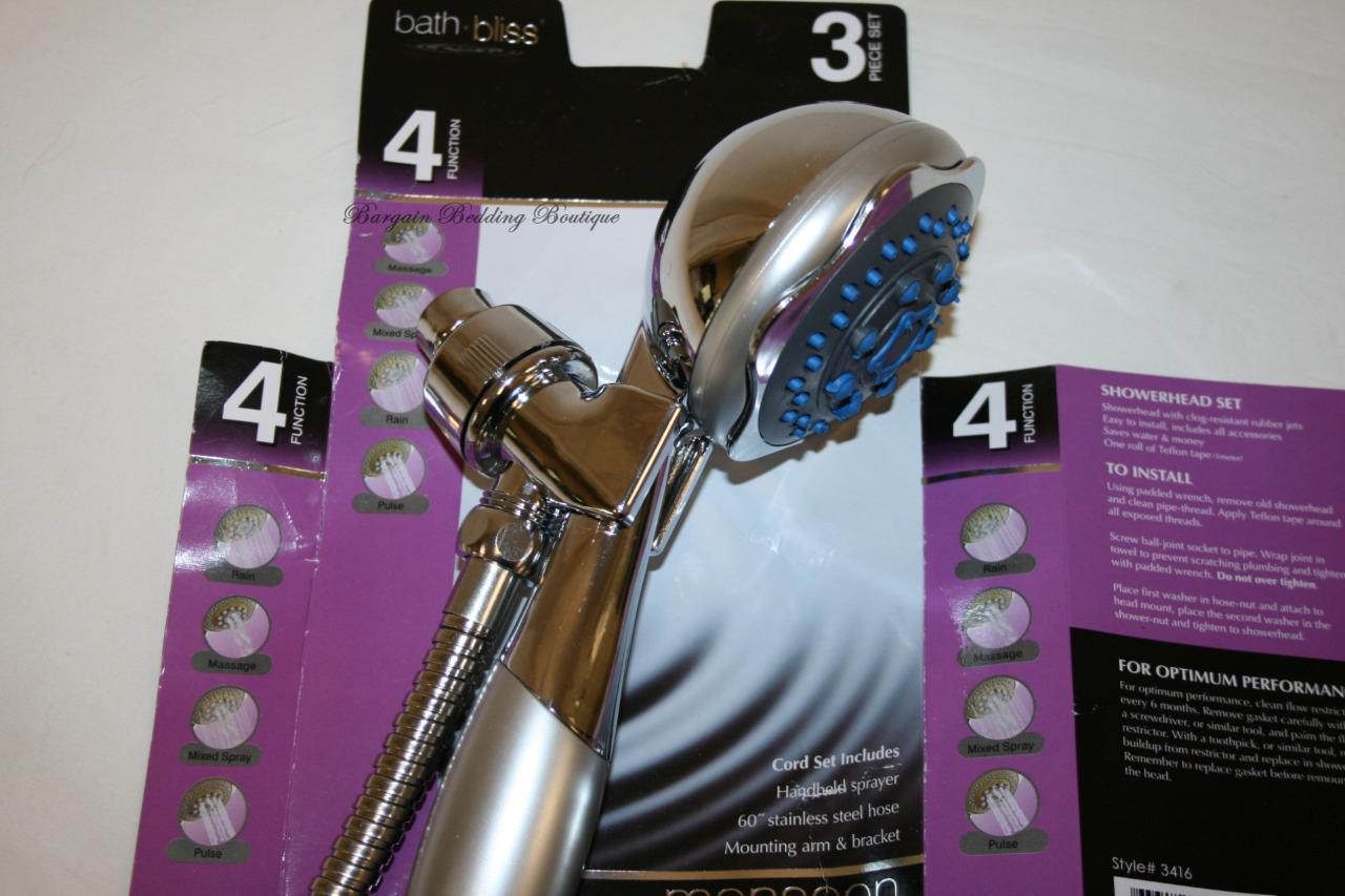 Bath Bliss Monsoon 4 Function Handheld Shower Head and Cord Set Chrome