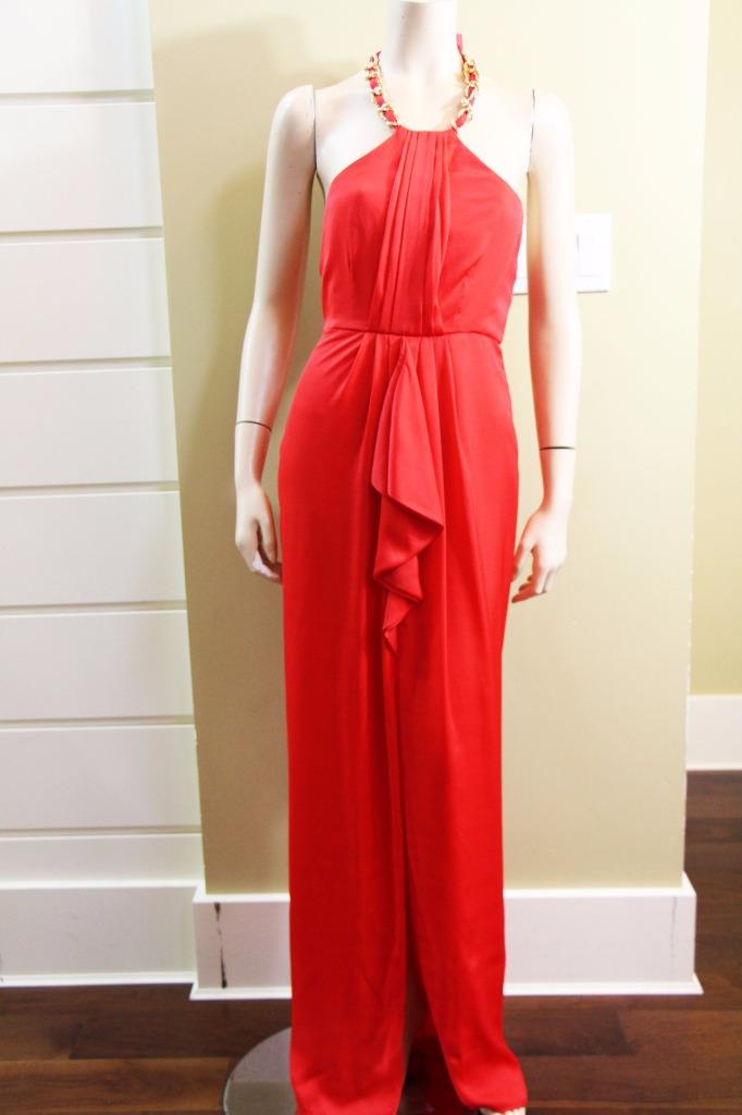 как выглядит NEW AUTH BCBGMax Azria Milania Halter Cascade Long Gown in Red Berry 368 фото