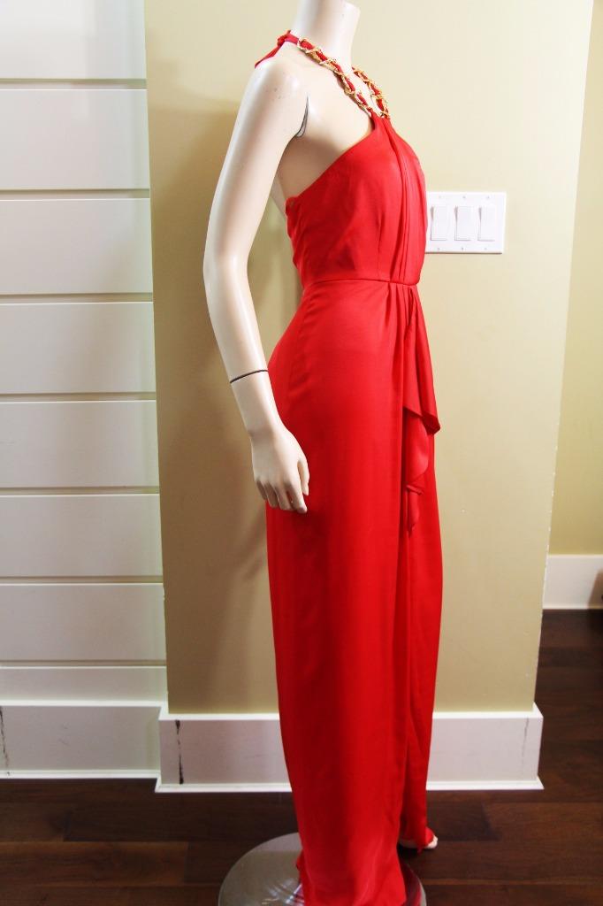 как выглядит NEW AUTH BCBGMax Azria Milania Halter Cascade Long Gown in Red Berry 368 фото