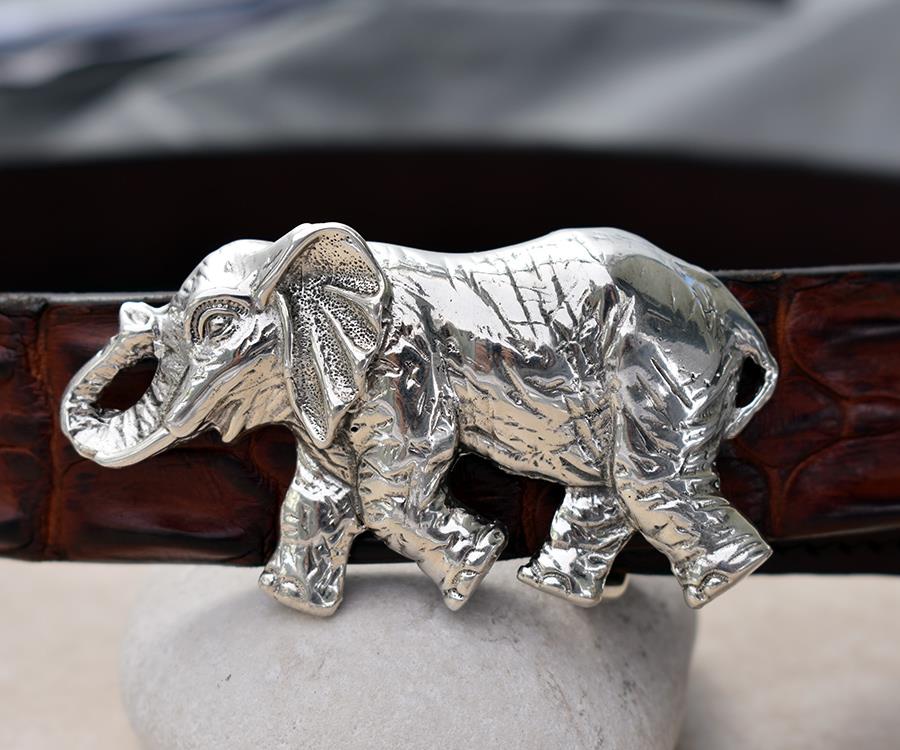 Large Sterling Silver 3D Trunk Up Walking Elephant Belt Buckle Great