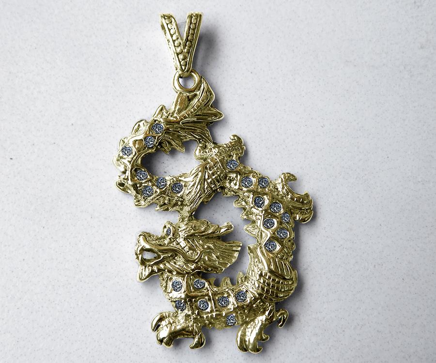 Impressive Large Solid 14K Gold Chinese Dragon Pendant VS Quality