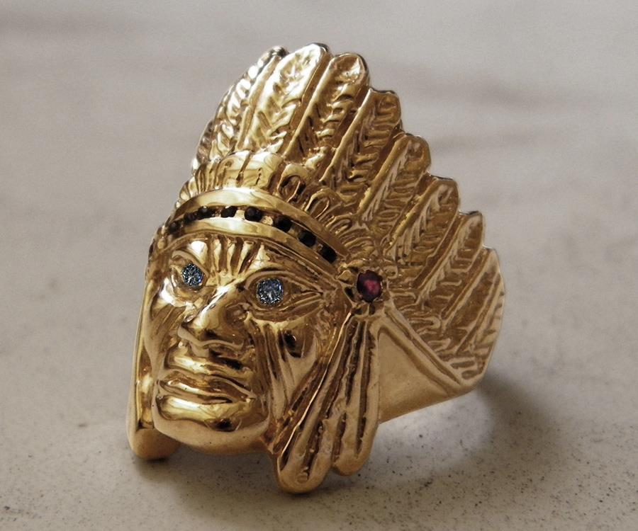 Cavalli Del Mar Large Solid 14K Gold Diamonds Indian Head Chief Mens