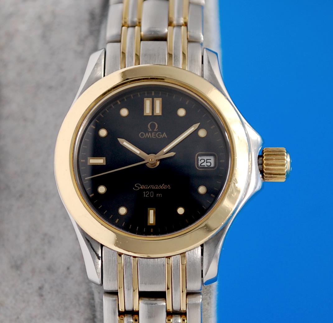 Ladies Omega Seamaster 18K Gold & SS Watch - Black Dial - 2381.50