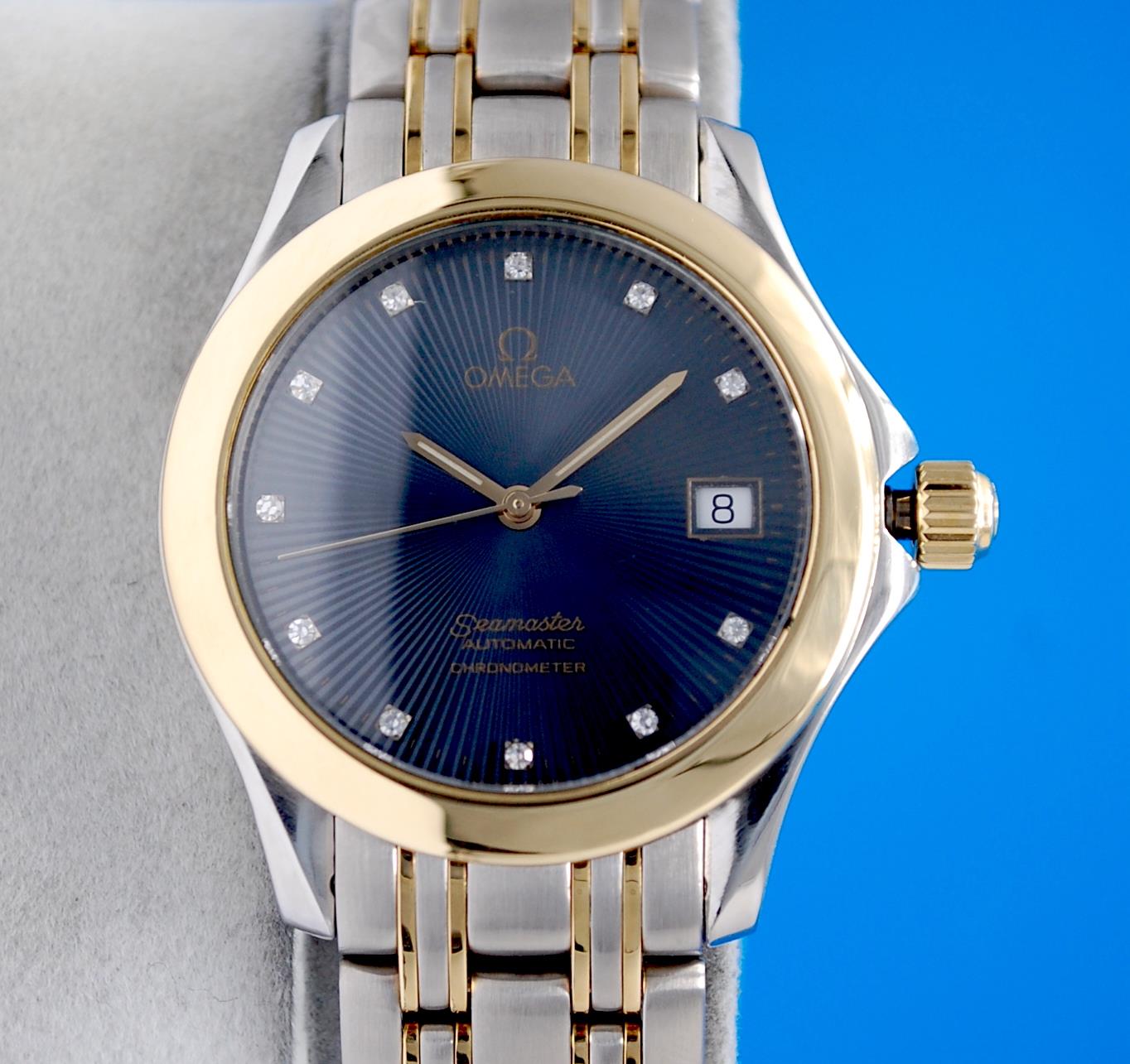 Mens Omega Seamaster 18K Gold SS Automatic Chronometer watch - Blue Diamond Dial