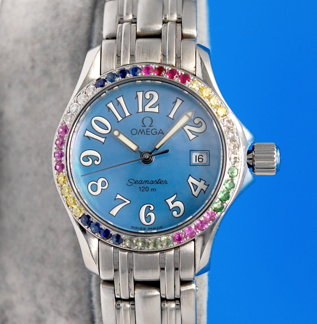 Ladies Omega Seamaster SS Steel Watch - Blue MOP Dial - Diamond Bezel - 2581.88