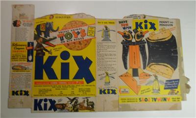 2 )KIX CEREAL BOXES FRISKY ANIMAL TOYS 1948 MONTY MONKEY PENNY