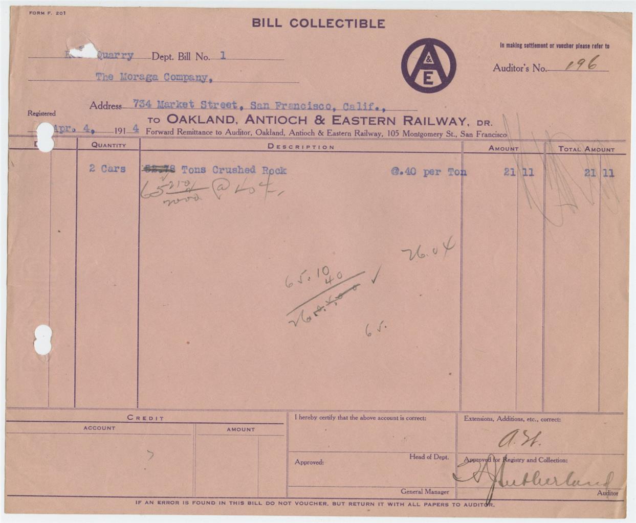 1914 Oakland Antioch and Eastern California Railway Railroad Freight Bill