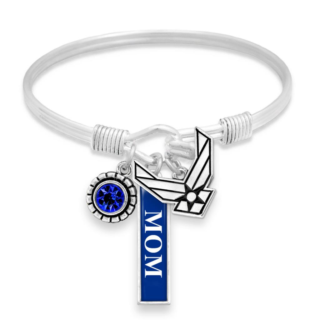 Air Force Three Charm Bangle Bracelet Silver Jewelry Choose Wife Mom or AF Charm