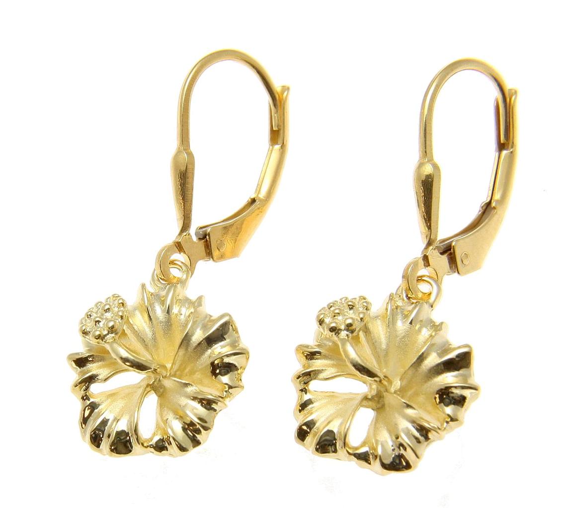 YELLOW GOLD PLATED SILVER 925 HAWAIIAN HIBISCUS LEVERBACK EARRINGS 10MM