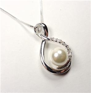 STERLING SILVER CULTURED PEARL SPARKLING WHITE STONES INFINITY PENDANT ...