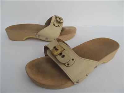 VTG Dr. Scholls Beige Leather Original Wood Sole Exercise Sandals sz 6