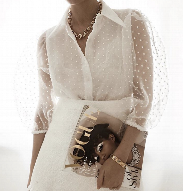 ZARA WHITE SEMI SHEER DOTTED PLUMETIS SOFT MESH ORGANZA PUFF SLEEVE