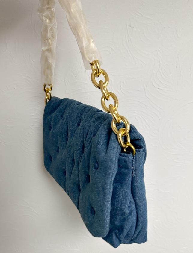 ZARA BLUE QUILTED DENIM SHOULDER BAG CHUNKY GOLDEN METAL CHAIN CROSSBODY HANDBAG