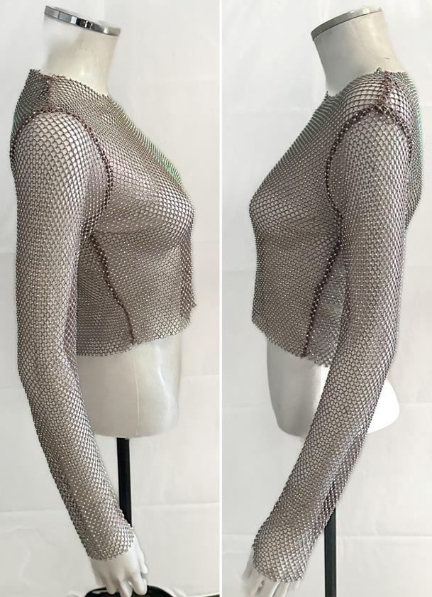 ⭐︎saran⭐︎ ZARA GREY SILVER SLIM RHINESTONE APPLIQUE SHORT MESH FISHNET