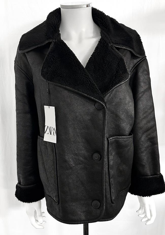 ZARA DOUBLE-FACED BLACK FAUX SHEARLING FUR LAPEL COLLAR AVIATOR